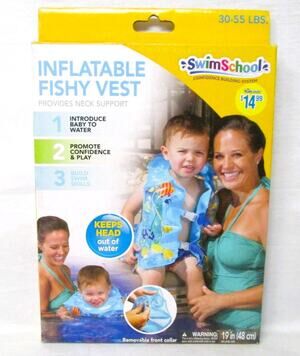 Swim School Kids Inflatable Life Vest Fish Theme, Vinyl, 30–55 lbs. Water Safety